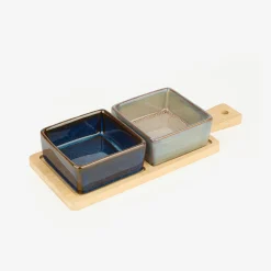 Casa Viva Set de 2 cuencos de cerámica de colores con bandeja de madera Discount
