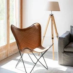 Casa Viva Silla mariposa de cuero y ratán marrón Katy 72x78x92cm Outlet